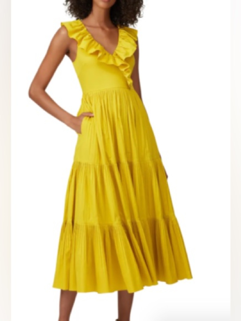 Kate Spade Women's Poplin Ruffle Tiered Dress Yellow Midi Sleeveless Size 10 EUC